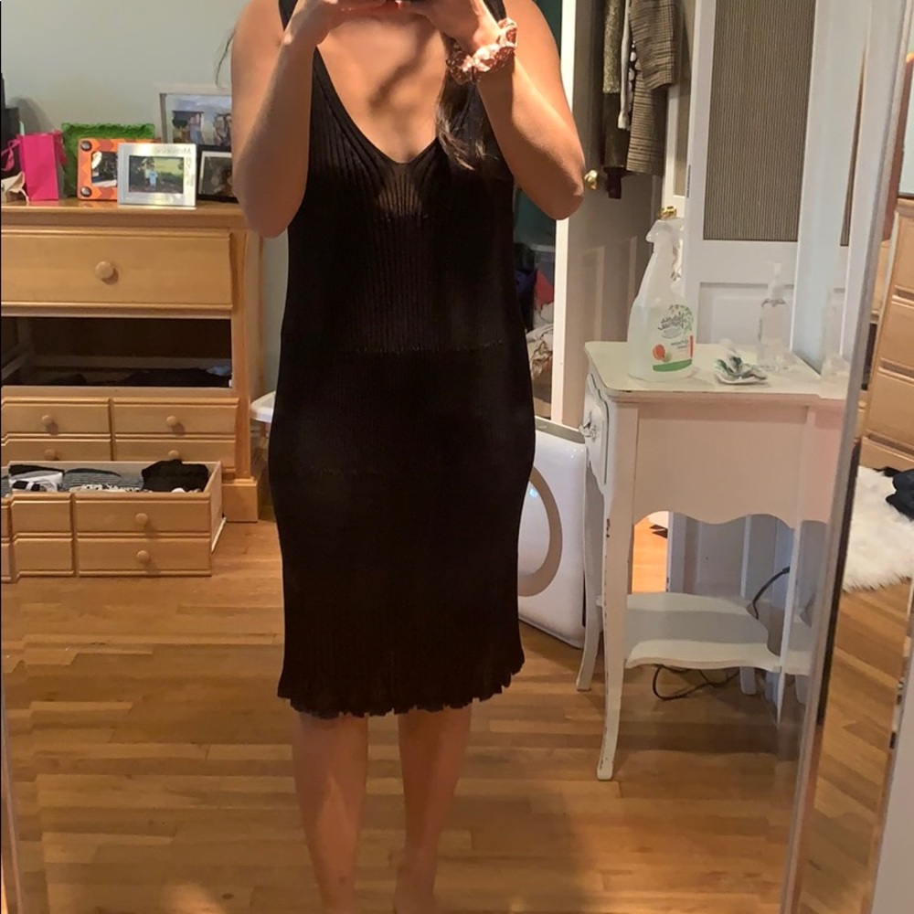 Black knit dress with navy bottom trim